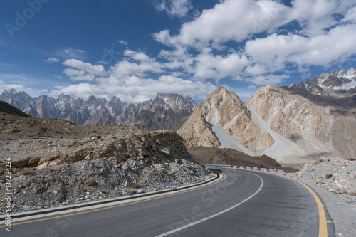 Panorama of the empty road through sandy and mountain of Pakistan