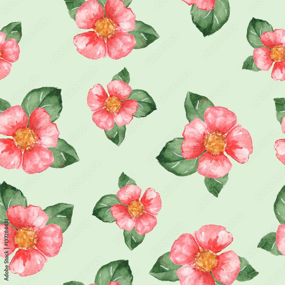 Watercolor floral pattern. Seamless background with red flowers 02