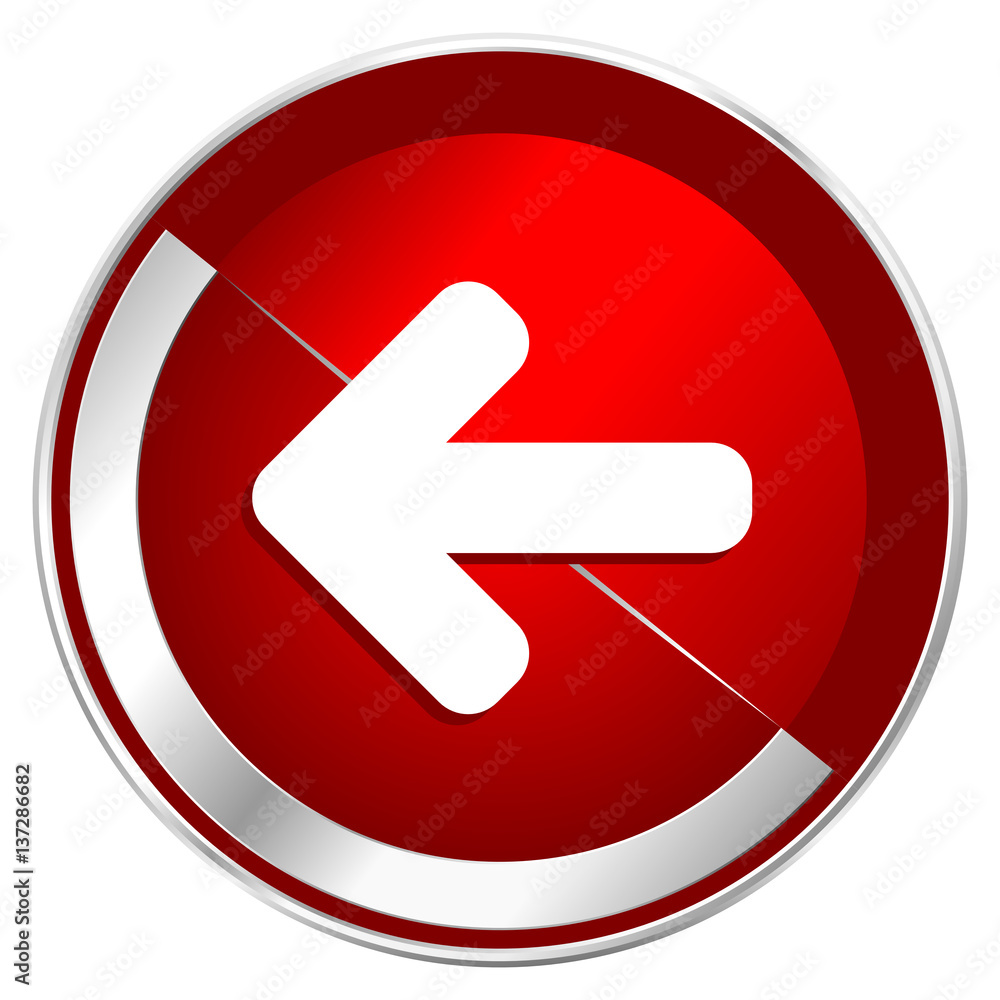 Left arrow red web icon. Metal shine silver chrome border round button isolated on white background. Circle modern design abstract sign for smartphone applications. Left arrow red web icon. Metal shine silver chrome border round button isolated on white background. Circle modern design abstract sign for smartphone applications.