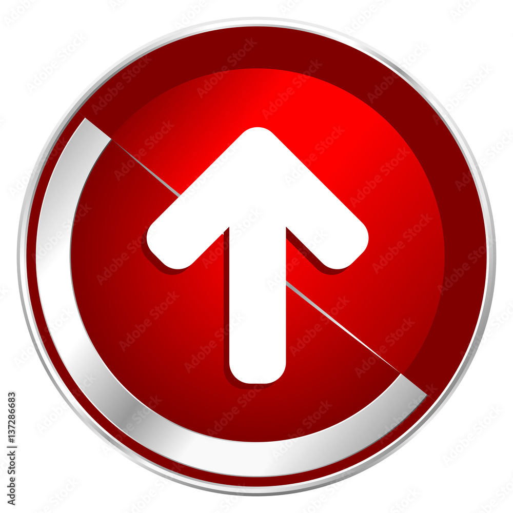 Up arrow red web icon. Metal shine silver chrome border round button isolated on white background. Circle modern design abstract sign for smartphone applications. Up arrow red web icon. Metal shine silver chrome border round button isolated on white background. Circle modern design abstract sign for smartphone applications.