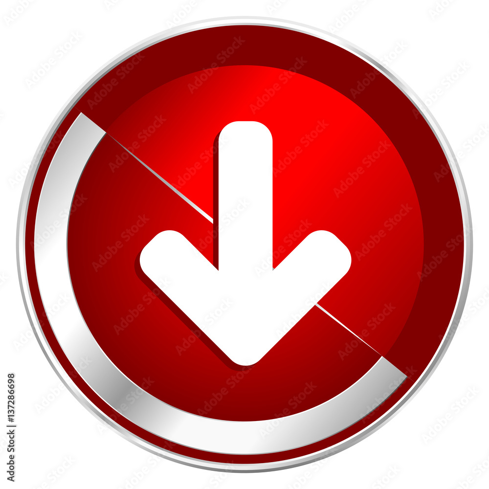 Download arrow red web icon. Metal shine silver chrome border round button isolated on white background. Circle modern design abstract sign for smartphone applications. Download arrow red web icon. Metal shine silver chrome border round button isolated on white background. Circle modern design abstract sign for smartphone applications.