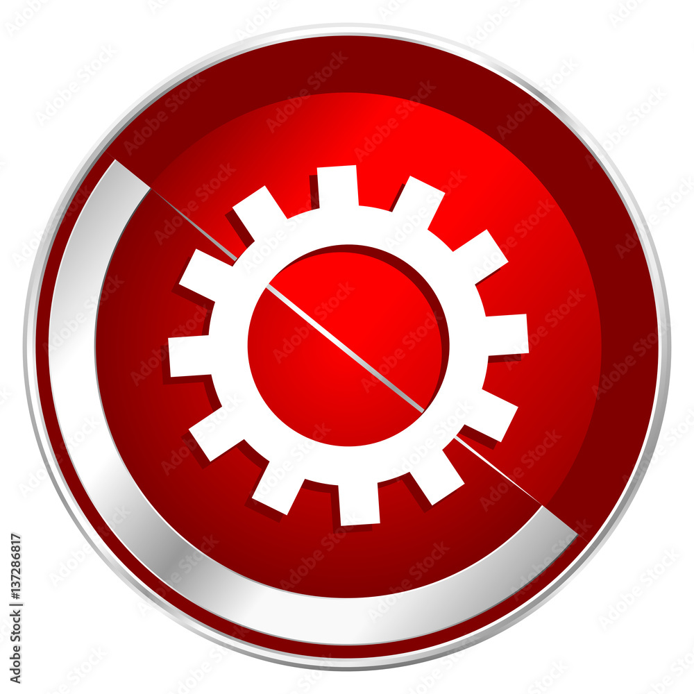 Gear red web icon. Metal shine silver chrome border round button isolated on white background. Circle modern design abstract sign for smartphone applications.