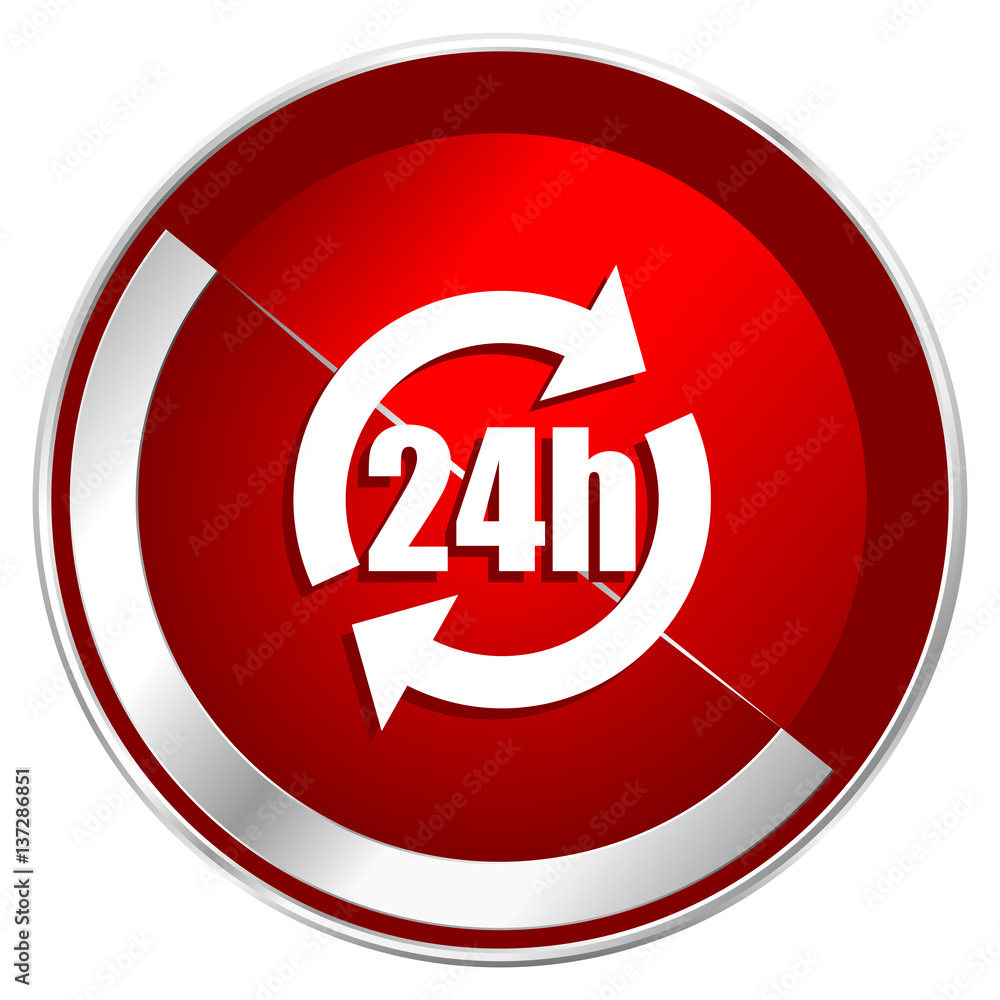 24h red web icon. Metal shine silver chrome border round button isolated on white background. Circle modern design abstract sign for smartphone applications. 24h red web icon. Metal shine silver chrome border round button isolated on white background. Circle modern design abstract sign for smartphone applications.