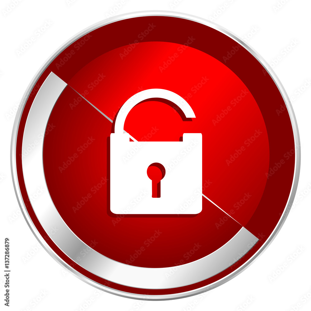 Padlock red web icon. Metal shine silver chrome border round button isolated on white background. Circle modern design abstract sign for smartphone applications. Padlock red web icon. Metal shine silver chrome border round button isolated on white background. Circle modern design abstract sign for smartphone applications.