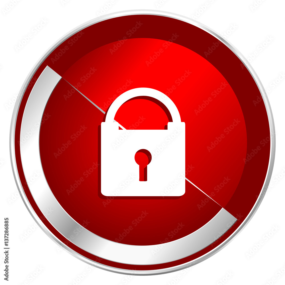 Padlock red web icon. Metal shine silver chrome border round button isolated on white background. Circle modern design abstract sign for smartphone applications. Padlock red web icon. Metal shine silver chrome border round button isolated on white background. Circle modern design abstract sign for smartphone applications.