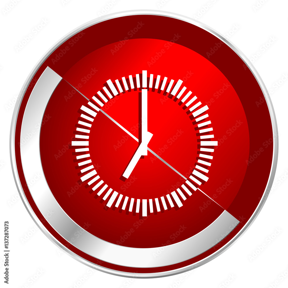 Time red web icon. Metal shine silver chrome border round button isolated on white background. Circle modern design abstract sign for smartphone applications. Time red web icon. Metal shine silver chrome border round button isolated on white background. Circle modern design abstract sign for smartphone applications.