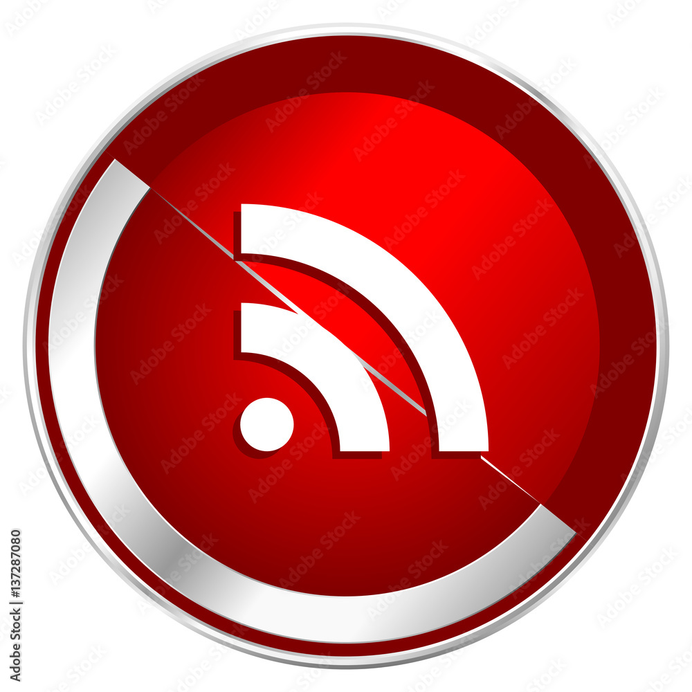 Rss red web icon. Metal shine silver chrome border round button isolated on white background. Circle modern design abstract sign for smartphone applications.