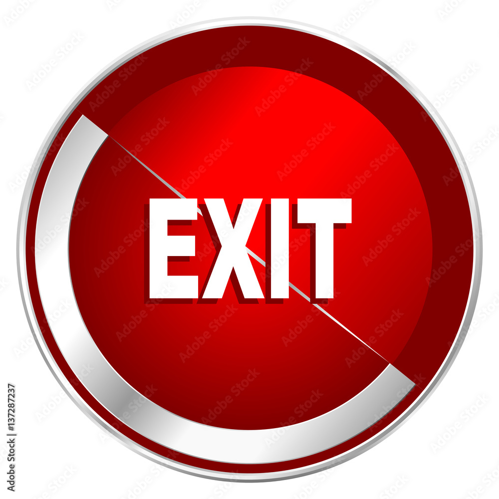 Exit red web icon. Metal shine silver chrome border round button isolated on white background. Circle modern design abstract sign for smartphone applications. Exit red web icon. Metal shine silver chrome border round button isolated on white background. Circle modern design abstract sign for smartphone applications.