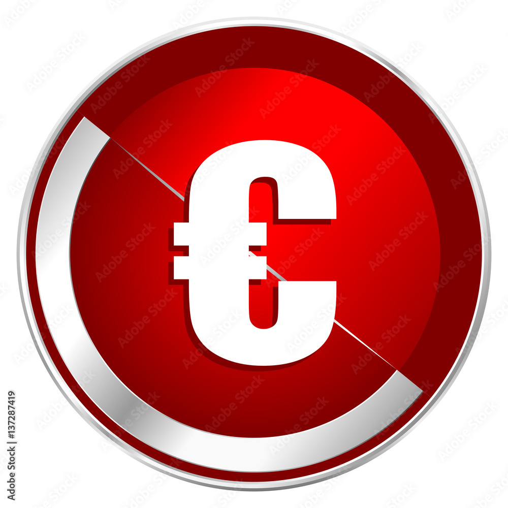 Euro red web icon. Metal shine silver chrome border round button isolated on white background. Circle modern design abstract sign for smartphone applications. Euro red web icon. Metal shine silver chrome border round button isolated on white background. Circle modern design abstract sign for smartphone applications.