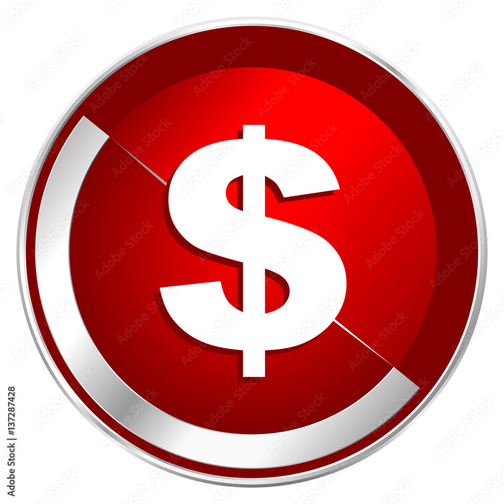 Dollar red web icon. Metal shine silver chrome border round button isolated on white background. Circle modern design abstract sign for smartphone applications. Dollar red web icon. Metal shine silver chrome border round button isolated on white background. Circle modern design abstract sign for smartphone applications.