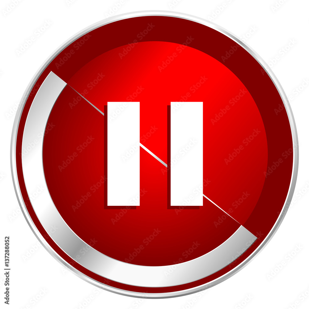Pause red web icon. Metal shine silver chrome border round button isolated on white background. Circle modern design abstract sign for smartphone applications. Pause red web icon. Metal shine silver chrome border round button isolated on white background. Circle modern design abstract sign for smartphone applications.