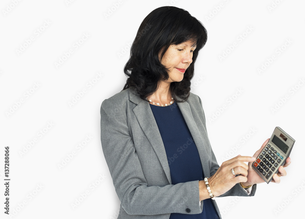 Businesswoman Smiling Happiness Calculator Success Portrait Concept Businesswoman Smiling Happiness Calculator Success Portrait Concept