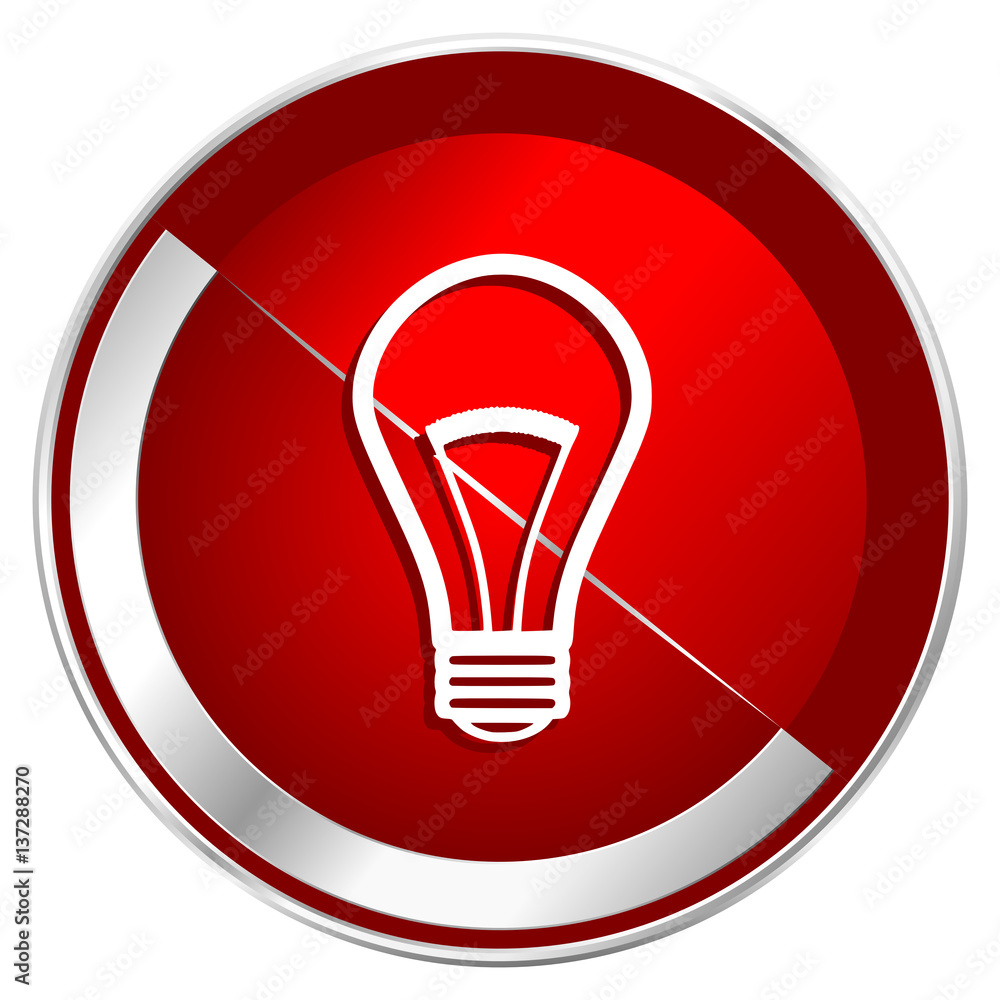 Bulb red web icon. Metal shine silver chrome border round button isolated on white background. Circle modern design abstract sign for smartphone applications. Bulb red web icon. Metal shine silver chrome border round button isolated on white background. Circle modern design abstract sign for smartphone applications.