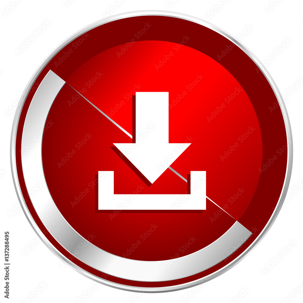 Download red web icon. Metal shine silver chrome border round button isolated on white background. Circle modern design abstract sign for smartphone applications. Download red web icon. Metal shine silver chrome border round button isolated on white background. Circle modern design abstract sign for smartphone applications.