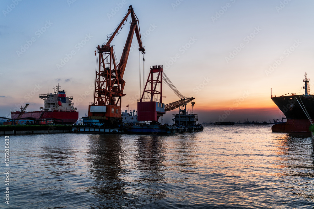 view of harbor at sunset in Jiangyin,China.