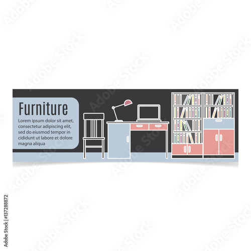 Furniture horizontal banner with table and bookshelf. Vector illustration photo