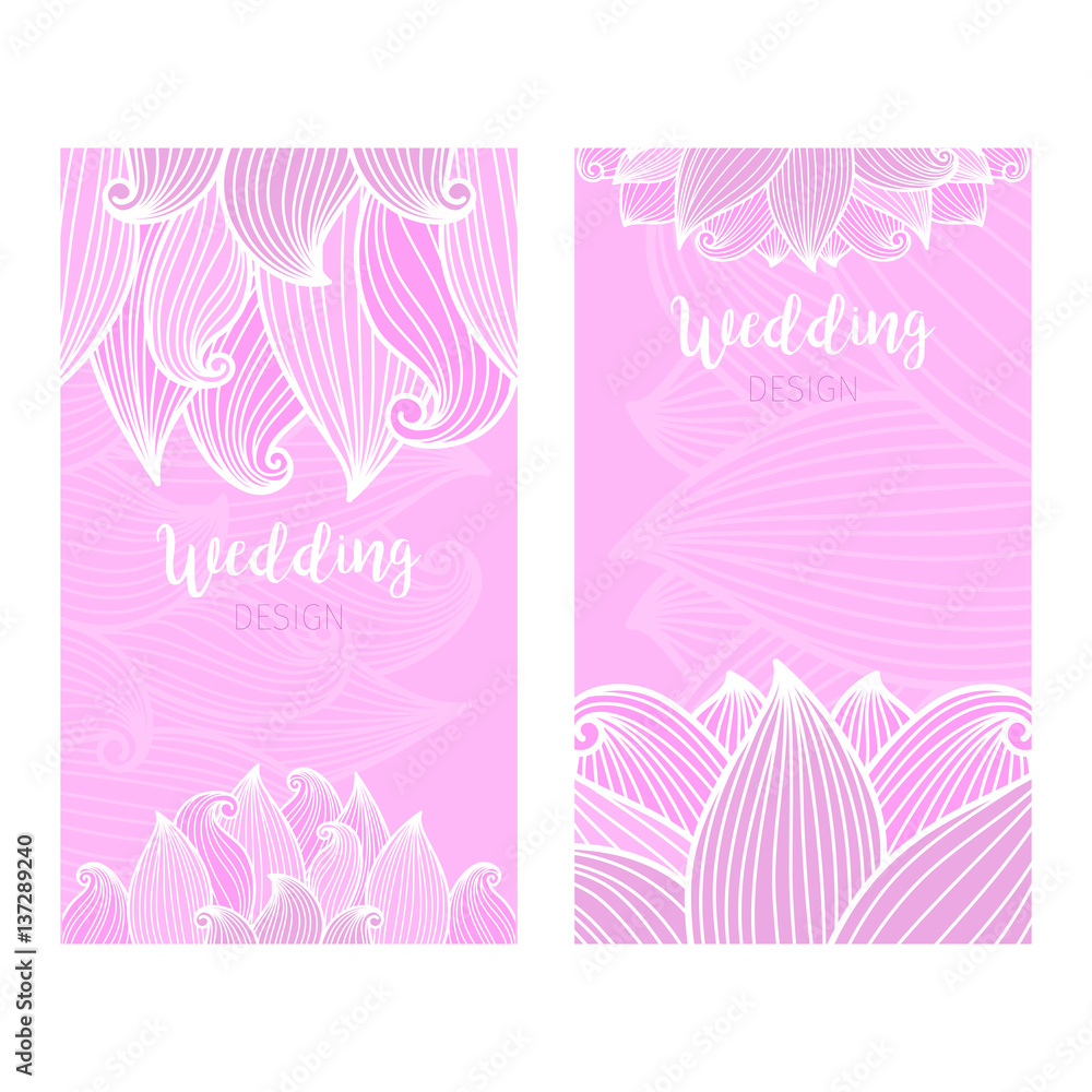 Wedding vertical pink flyers with waves. Vector illustration