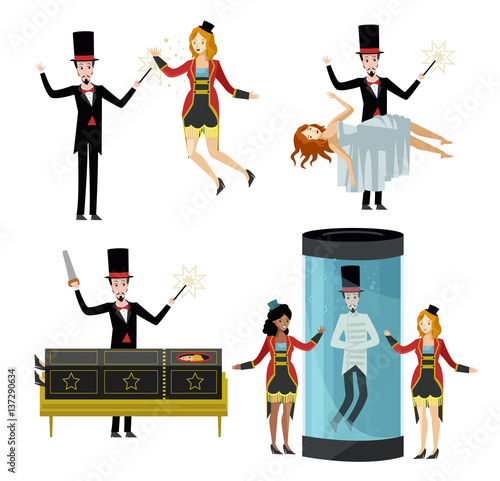 four magic acts scenes magician tricks levitation water escape box trick and flying