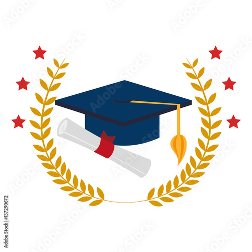 crown leaves with graduation cap and certificate vector illustration