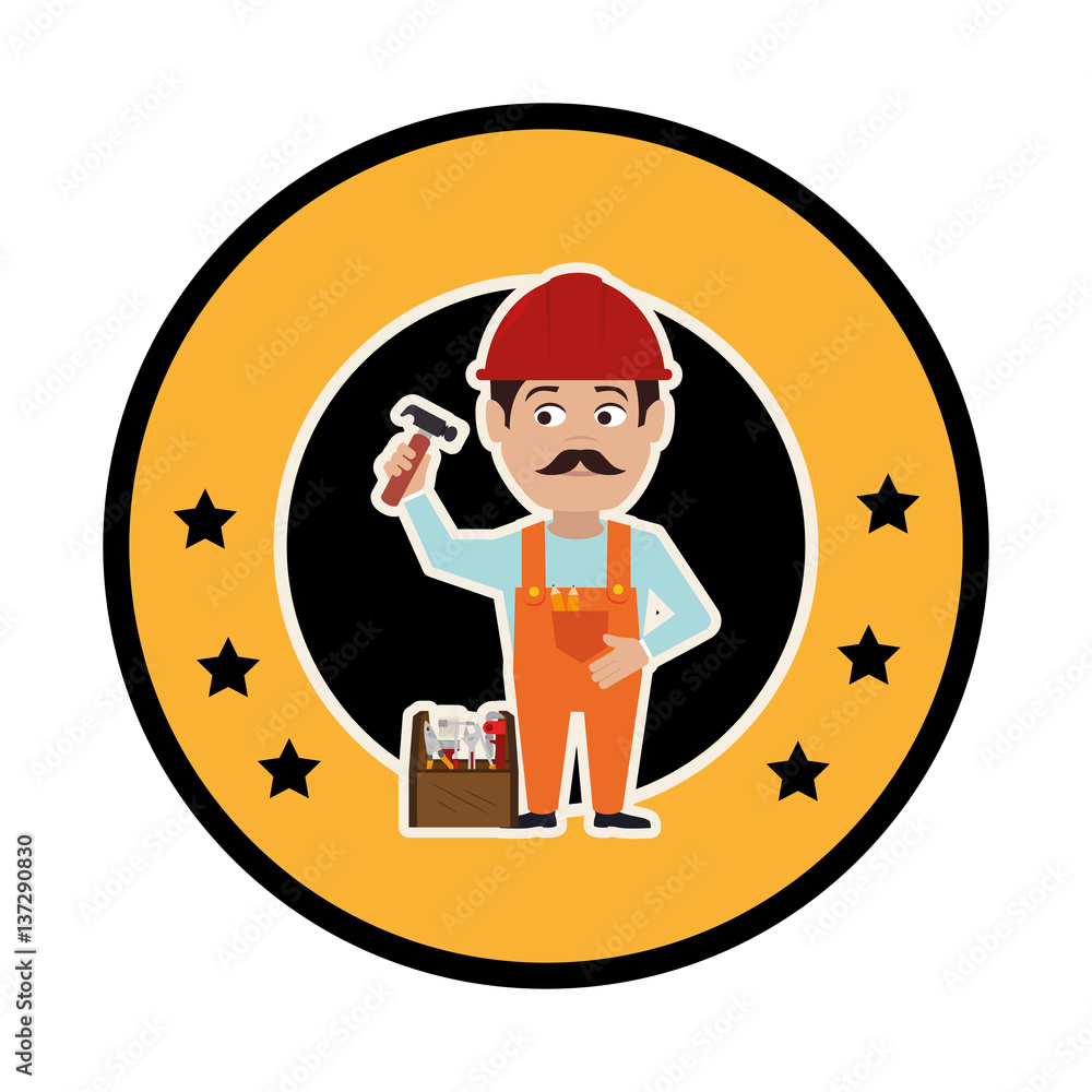 circular frame with silhouette man carpenter and toolbox vector illustration
