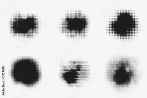 Set of abstract vector halftone stains. Black blots made of round particles. Modern illustration with dark, murky spots. Splattered array of dots. Gradation of tone. Elements of design.