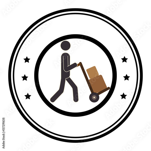 circular frame with color silhouette with man and hand truck with package vector illustration