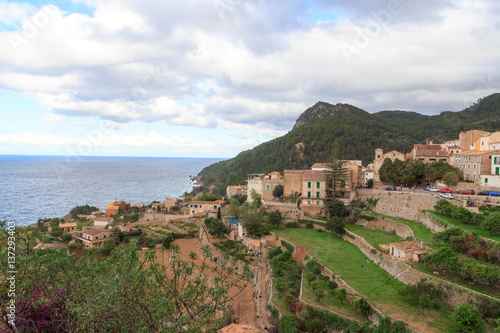 Town Banyalbufar mountain panorama and Mediterranean Sea on Majorca, Spain
