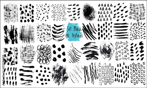 Set of hand drawn design elements. Vector collection of black ink abstract textures.