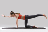 Young attractive woman practicing yoga, standing in Bird dog exercise, Donkey Kick pose, working out, wearing sportswear, red tank top, pants, indoor full length, isolated, grey studio background
