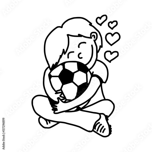 boy hugging soccer ball with love - illustration vector doodle hand drawn, isolated on white background