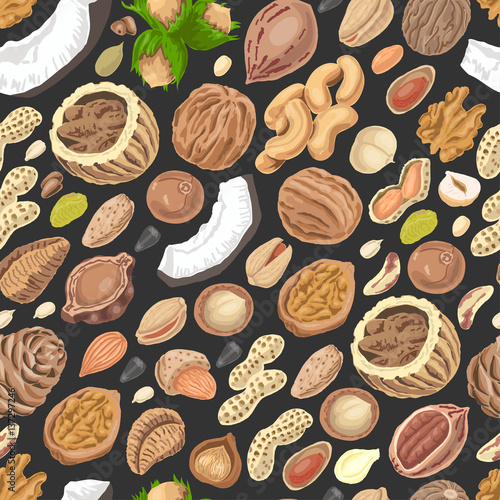 Seamless pattern with colored nuts and seeds