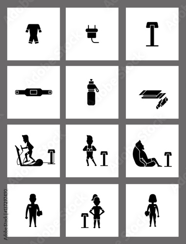 Ems training web icons set in flat style. Electric muscular stimulating fitness vector illustration