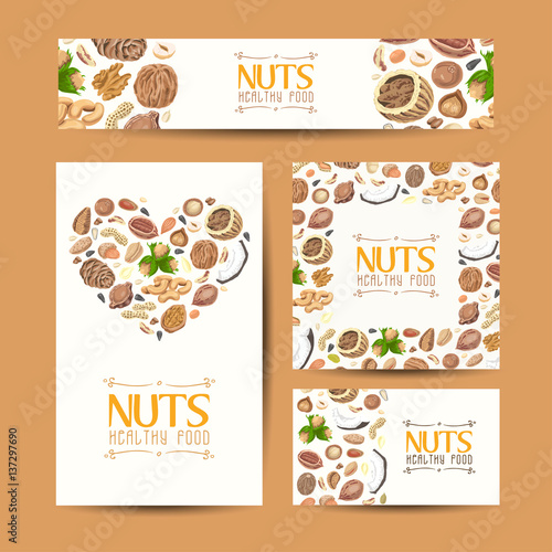 Set of vector cards with nuts and seeds