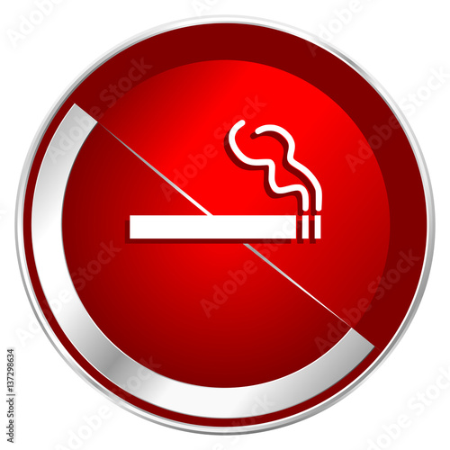 Cigarette red web icon. Metal shine silver chrome border round button isolated on white background. Circle modern design abstract sign for smartphone applications.