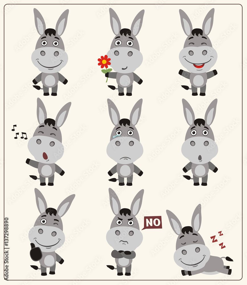 Funny little donkey set in different poses. Collection isolated donkey in cartoon style.