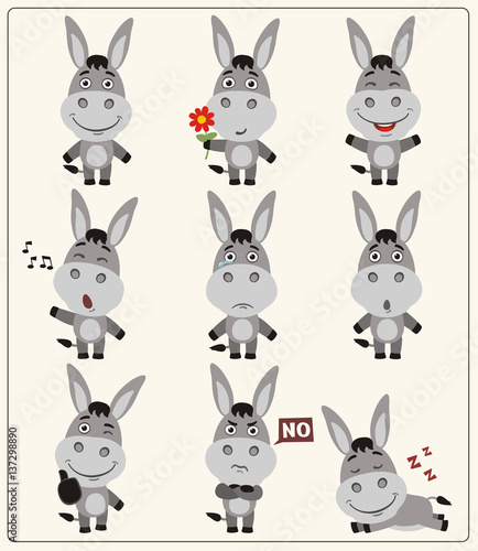 Funny little donkey set in different poses. Collection isolated donkey in cartoon style.