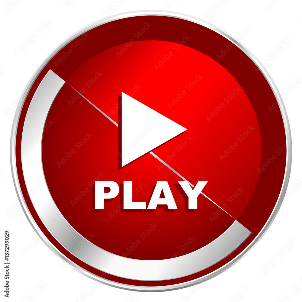 Play red web icon. Metal shine silver chrome border round button isolated on white background. Circle modern design abstract sign for smartphone applications. Play red web icon. Metal shine silver chrome border round button isolated on white background. Circle modern design abstract sign for smartphone applications.