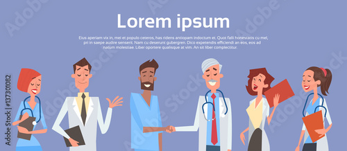 Group Medial Doctors Hand Shake Team Clinics Hospital Flat Vector Illustration