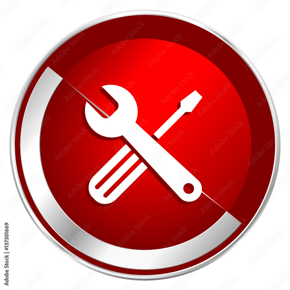 Tools red web icon. Metal shine silver chrome border round button isolated on white background. Circle modern design abstract sign for smartphone applications. Tools red web icon. Metal shine silver chrome border round button isolated on white background. Circle modern design abstract sign for smartphone applications.