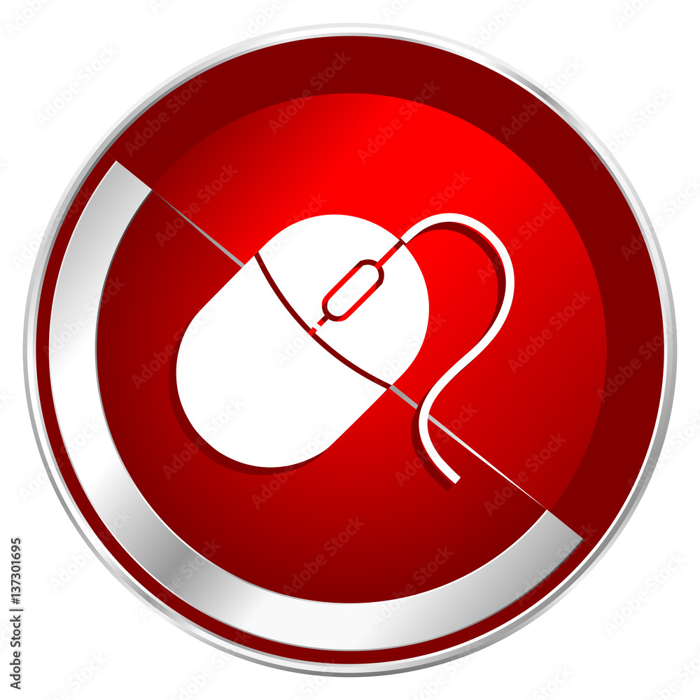 Mouse red web icon. Metal shine silver chrome border round button isolated on white background. Circle modern design abstract sign for smartphone applications. Mouse red web icon. Metal shine silver chrome border round button isolated on white background. Circle modern design abstract sign for smartphone applications.