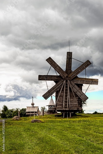 historic windmill for grinding flour in Kizhi on lake Onega