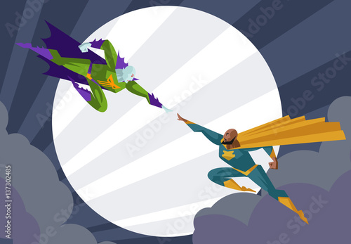 superhero and villain clash in the night