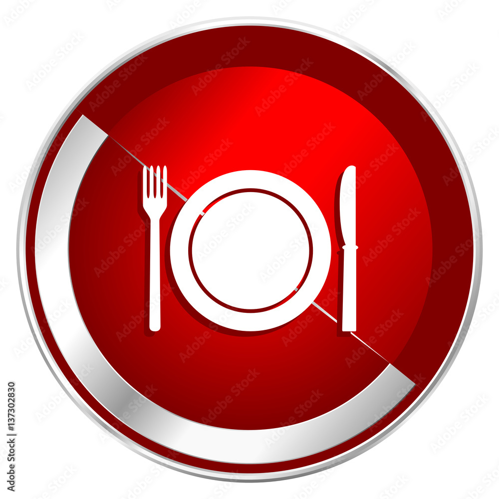 Restaurant red web icon. Metal shine silver chrome border round button isolated on white background. Circle modern design abstract sign for smartphone applications. Restaurant red web icon. Metal shine silver chrome border round button isolated on white background. Circle modern design abstract sign for smartphone applications.