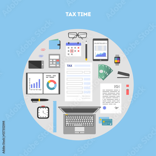 Banner and icon set, flat design in circle. Payment of tax. State taxes, analysis of financial data, statistics, calculation of tax return. Objects workplace and devices for web, vector illustration