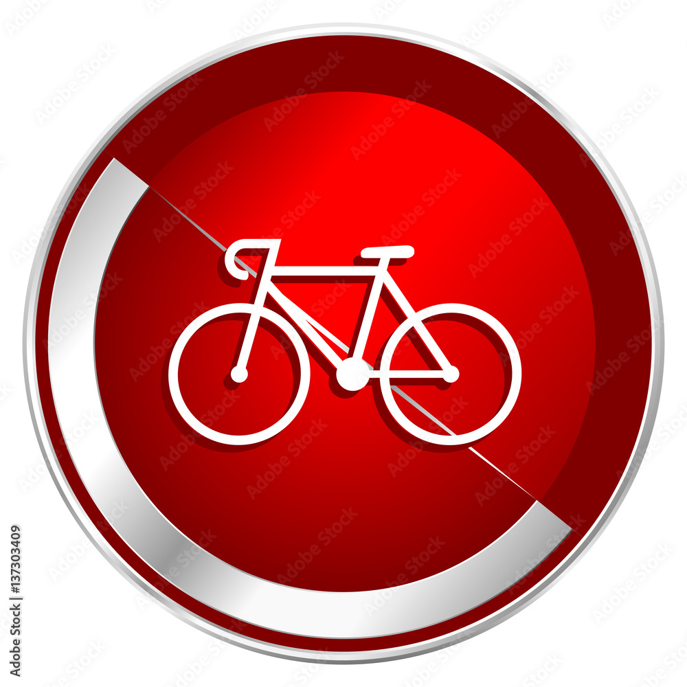 Bicycle red web icon. Metal shine silver chrome border round button isolated on white background. Circle modern design abstract sign for smartphone applications. Bicycle red web icon. Metal shine silver chrome border round button isolated on white background. Circle modern design abstract sign for smartphone applications.