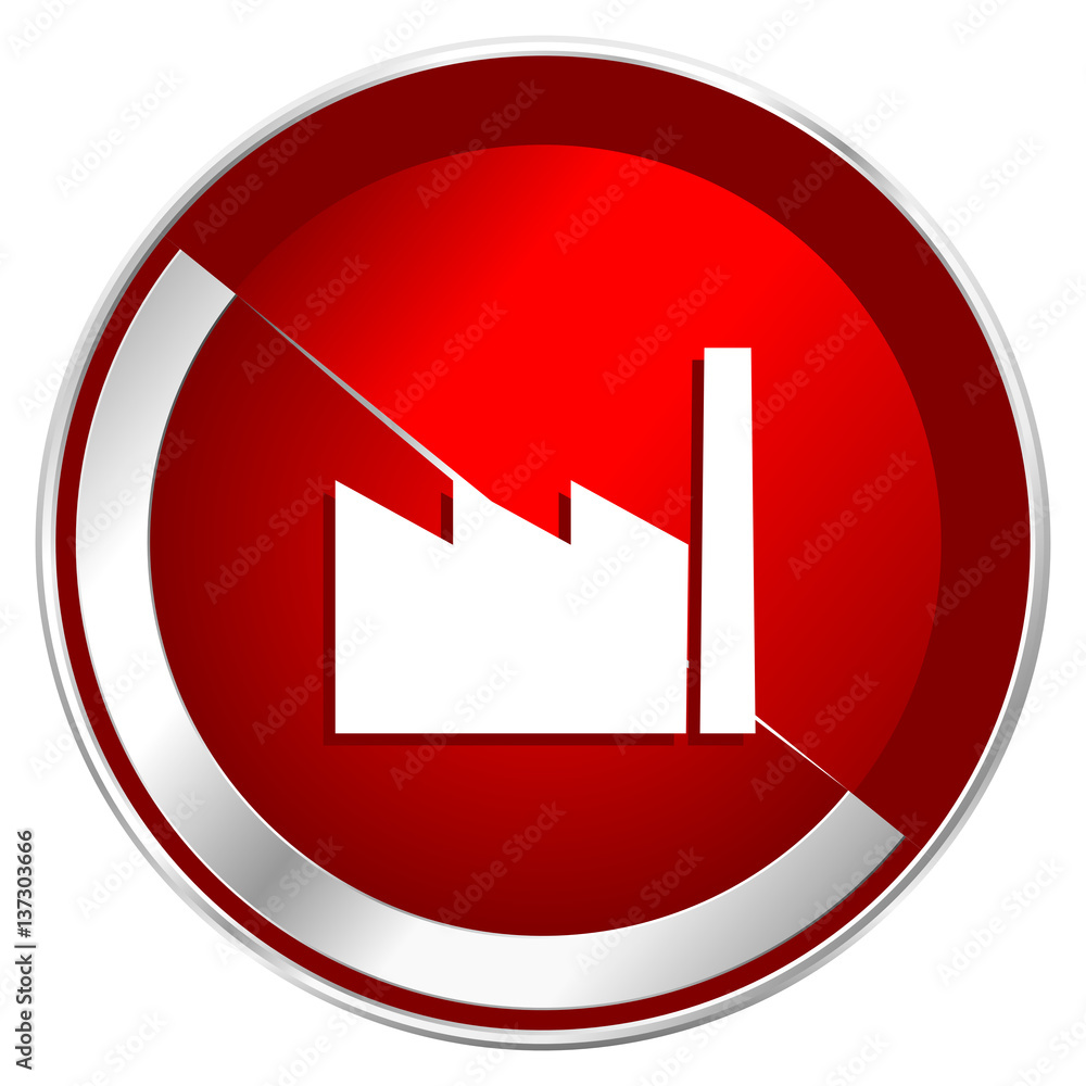 Factory red web icon. Metal shine silver chrome border round button isolated on white background. Circle modern design abstract sign for smartphone applications. Factory red web icon. Metal shine silver chrome border round button isolated on white background. Circle modern design abstract sign for smartphone applications.