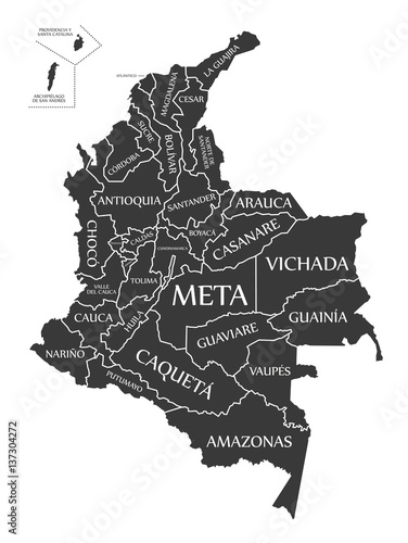 Fotografia, Obraz Colombia Map labelled black illustration
