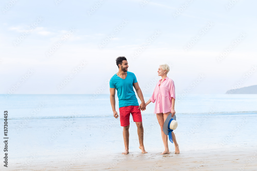 Couple On Beach Summer Vacation, Beautiful Young Happy People In Love Walking, Man Woman Smile Holding Hands Sea Ocean Holiday Travel