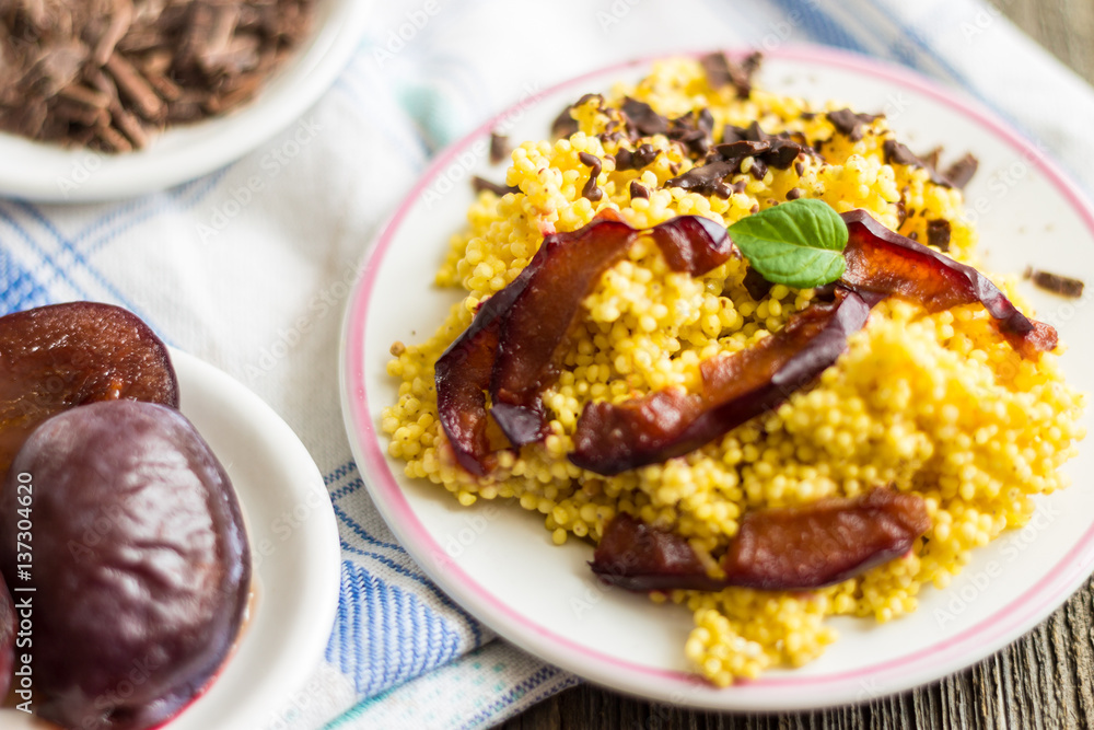 Puree of Millet Grains with Plums, Chocolate and Walnuts. Puree of Millet Grains with Plums, Chocolate and Walnuts.