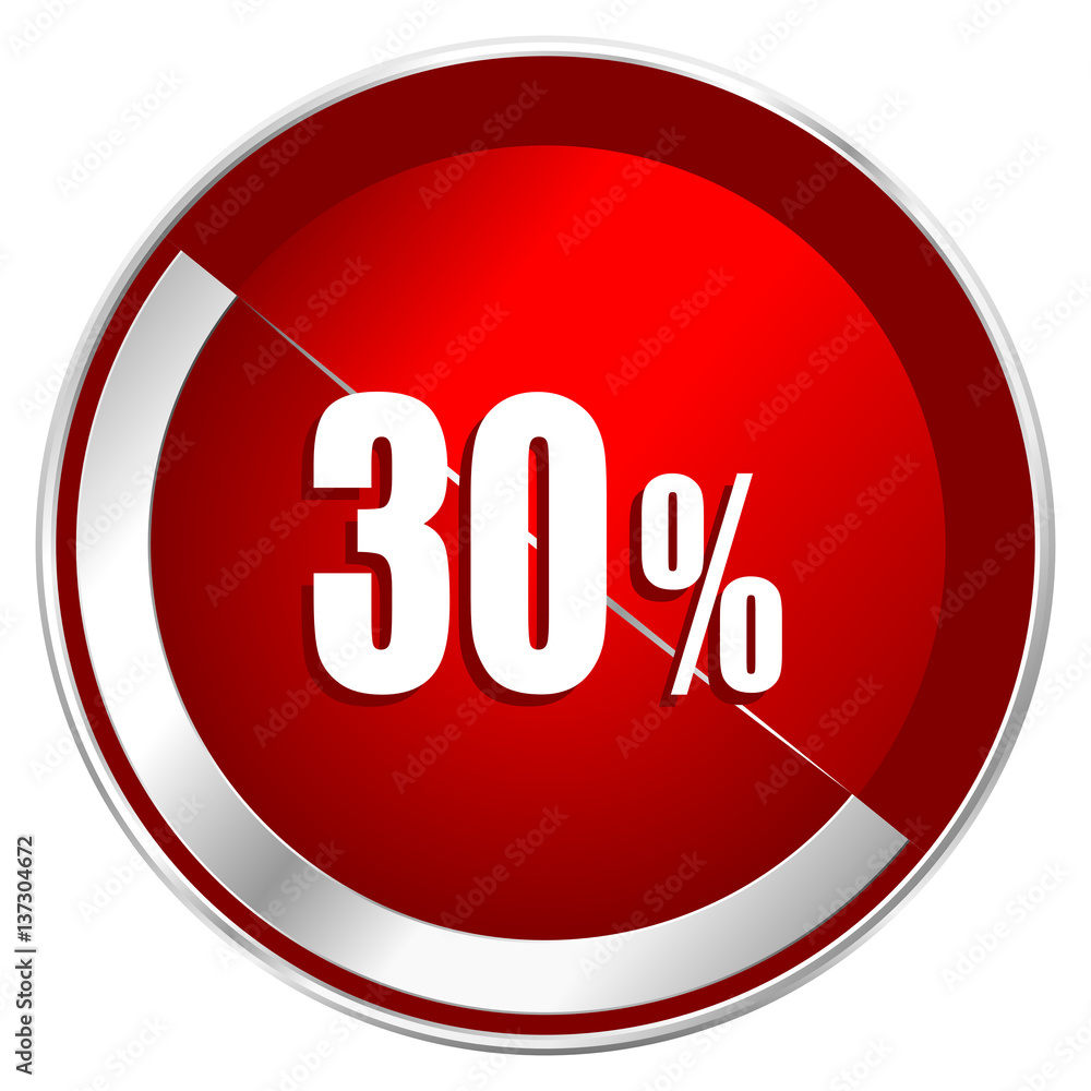 30 percent red web icon. Metal shine silver chrome border round button isolated on white background. Circle modern design abstract sign for smartphone applications. 30 percent red web icon. Metal shine silver chrome border round button isolated on white background. Circle modern design abstract sign for smartphone applications.